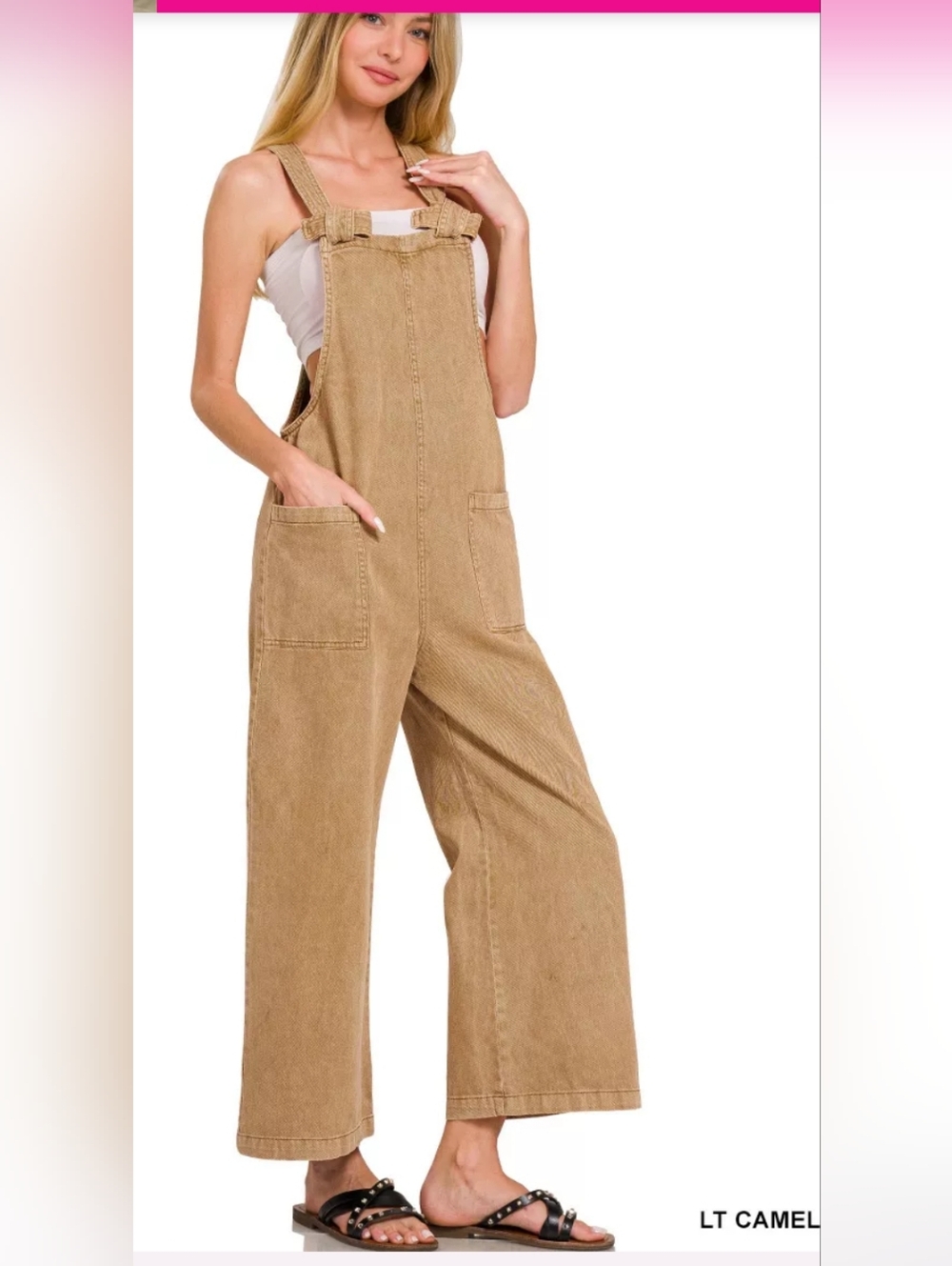 Zenana Women's Lt Camel Washed Knotted Wide Leg Denim Jumpsuit w/Pockets Small - Picture 2 of 6